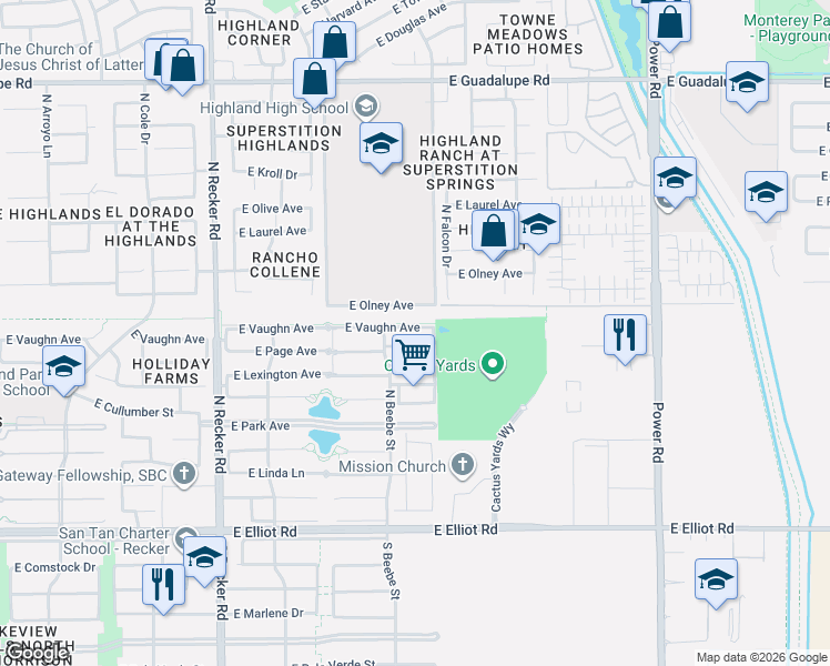 map of restaurants, bars, coffee shops, grocery stores, and more near 4319 East Vaughn Avenue in Gilbert