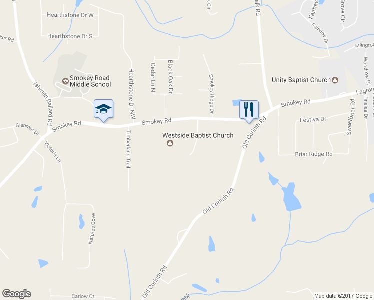 map of restaurants, bars, coffee shops, grocery stores, and more near 85 Garden Hills Drive in Newnan