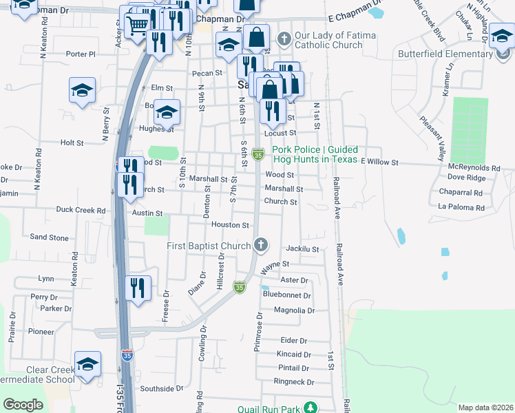 map of restaurants, bars, coffee shops, grocery stores, and more near 546 Interstate 35 Business in Sanger