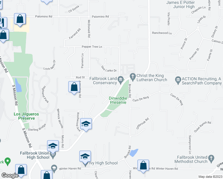 map of restaurants, bars, coffee shops, grocery stores, and more near 1783 Palomares Road in Fallbrook