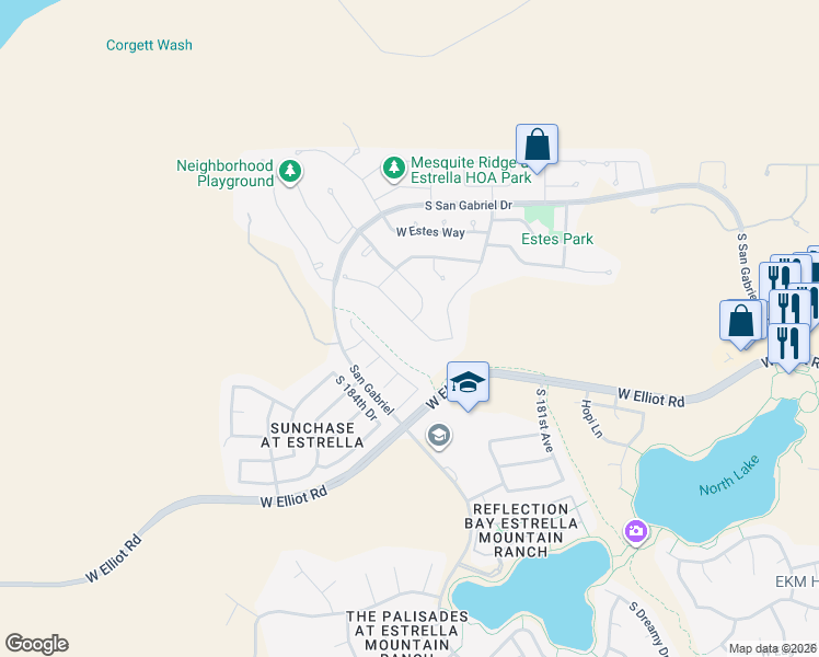 map of restaurants, bars, coffee shops, grocery stores, and more near 18319 West Sweet Acacia Drive in Goodyear