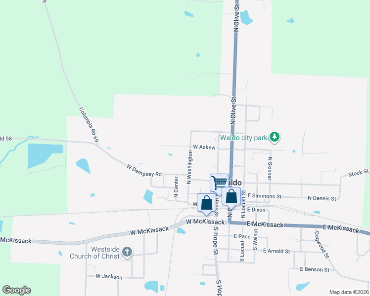 map of restaurants, bars, coffee shops, grocery stores, and more near 303 West Askew in Waldo