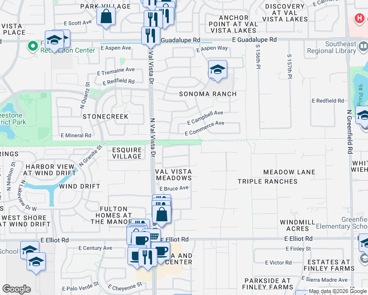 map of restaurants, bars, coffee shops, grocery stores, and more near 1709 East Hearne Way in Gilbert