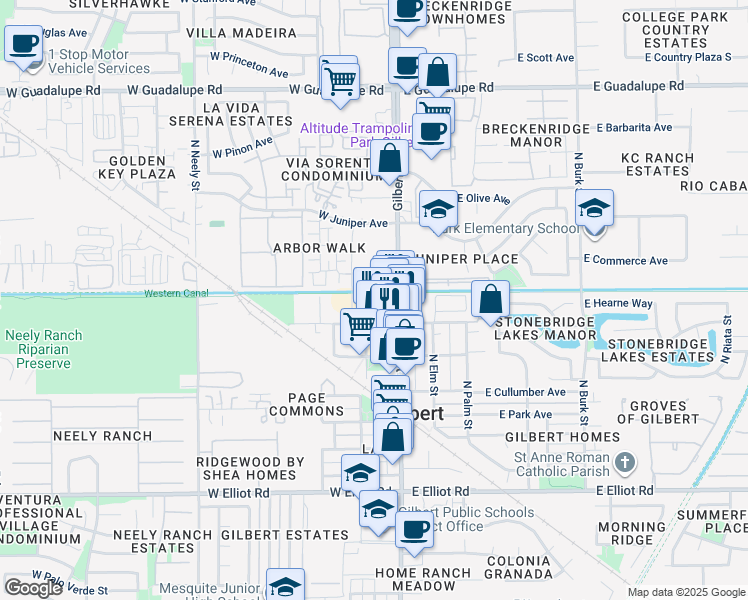 map of restaurants, bars, coffee shops, grocery stores, and more near 384 North Gilbert Road in Gilbert