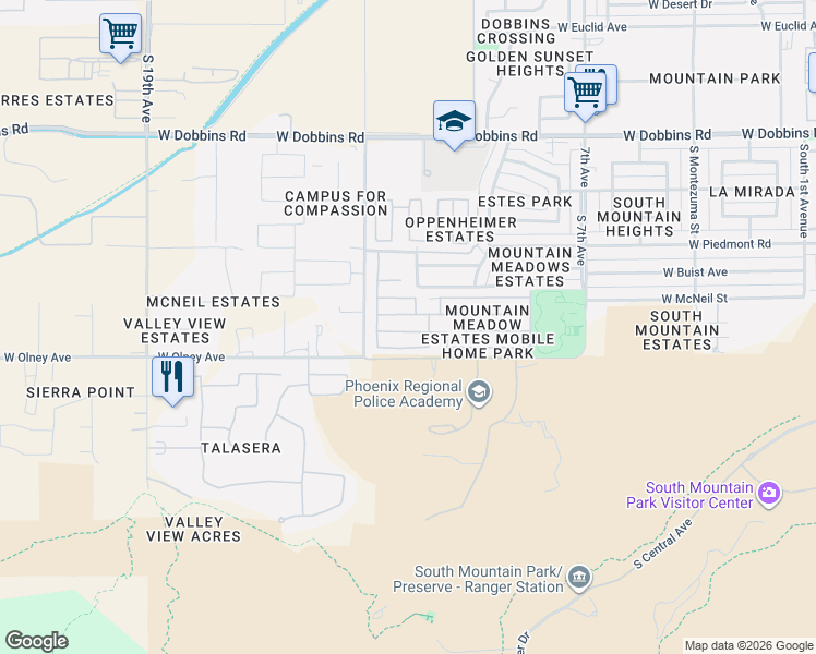 map of restaurants, bars, coffee shops, grocery stores, and more near 1214 West Summerside Road in Phoenix