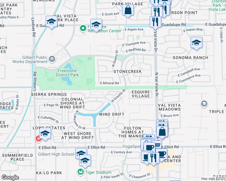 map of restaurants, bars, coffee shops, grocery stores, and more near 1308 East Hearne Way in Gilbert