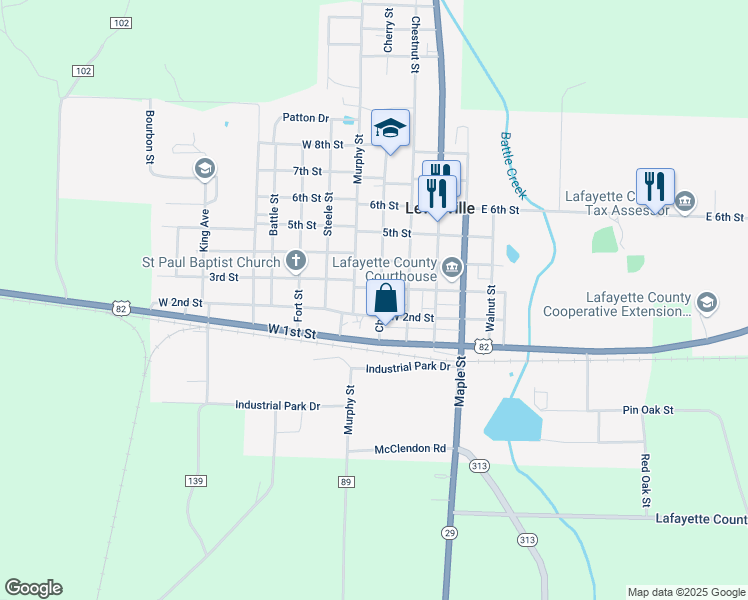 map of restaurants, bars, coffee shops, grocery stores, and more near 217 Cherry Street in Lewisville