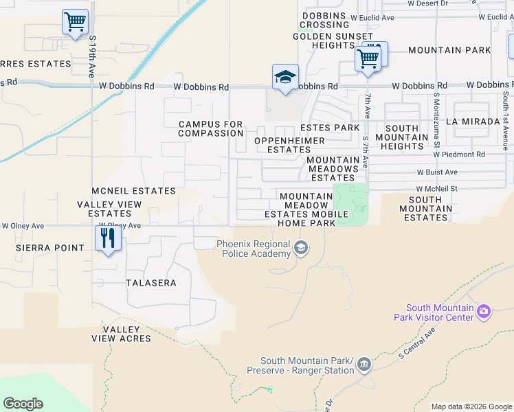 map of restaurants, bars, coffee shops, grocery stores, and more near 1214 West Summerside Road in Phoenix