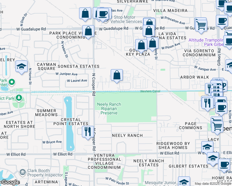 map of restaurants, bars, coffee shops, grocery stores, and more near Western Powerline Trail in Gilbert