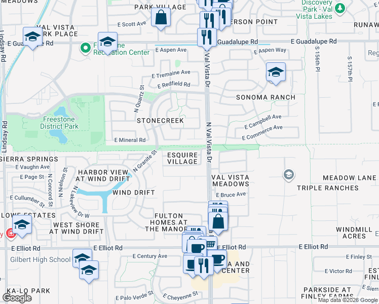 map of restaurants, bars, coffee shops, grocery stores, and more near 1520 East Hearne Way in Gilbert