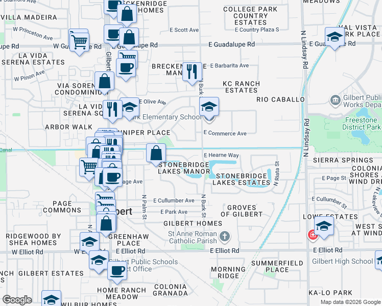map of restaurants, bars, coffee shops, grocery stores, and more near 318 East Hearne Way in Gilbert