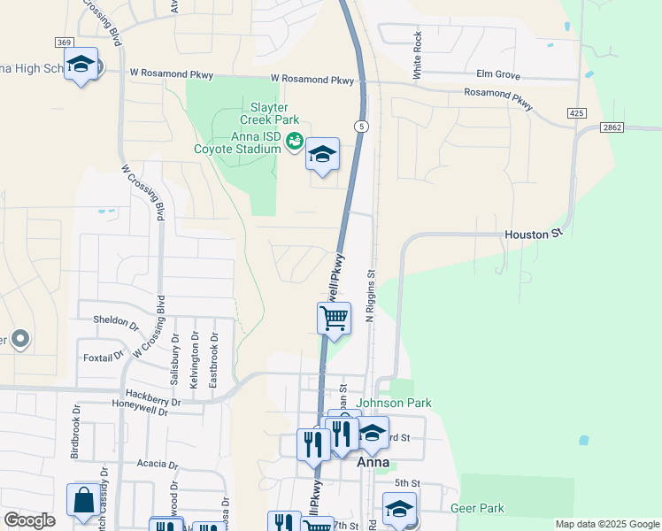 map of restaurants, bars, coffee shops, grocery stores, and more near 1005 North Powell Parkway in Anna