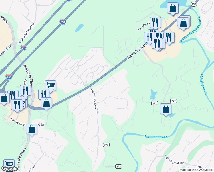 map of restaurants, bars, coffee shops, grocery stores, and more near 170 Brook Trace Drive in Hoover
