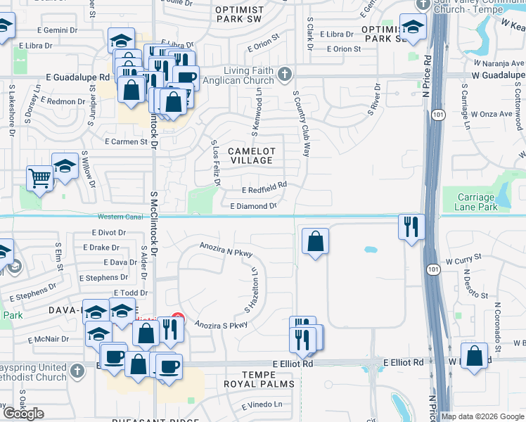 map of restaurants, bars, coffee shops, grocery stores, and more near 1935 East Diamond Drive in Tempe