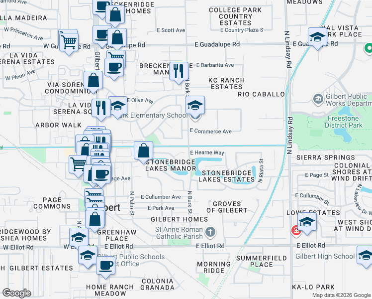 map of restaurants, bars, coffee shops, grocery stores, and more near 402 East Hearne Way in Gilbert