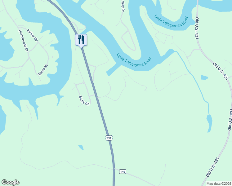 map of restaurants, bars, coffee shops, grocery stores, and more near 106 Robert's Circle in Wedowee