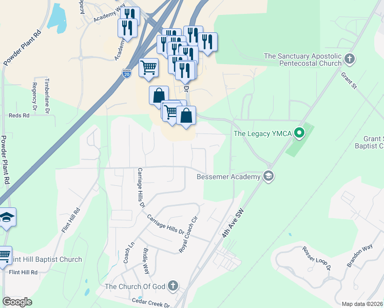 map of restaurants, bars, coffee shops, grocery stores, and more near 30 Laverne Avenue in Bessemer