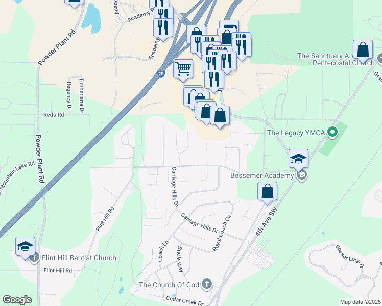 map of restaurants, bars, coffee shops, grocery stores, and more near 517 Westchester Dr in Bessemer