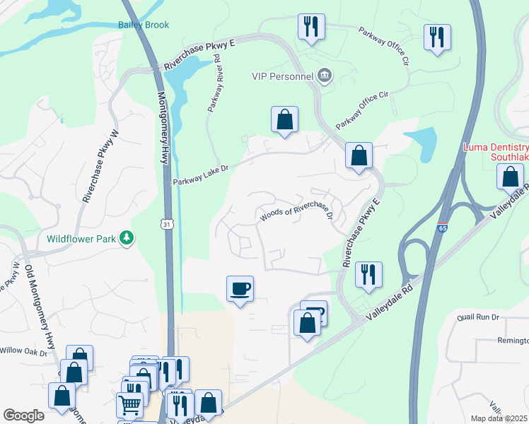 map of restaurants, bars, coffee shops, grocery stores, and more near 704 Gables Drive in Hoover