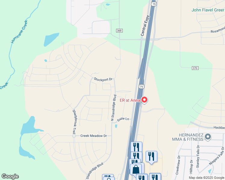 map of restaurants, bars, coffee shops, grocery stores, and more near 700 Thorn Creek Drive in Anna