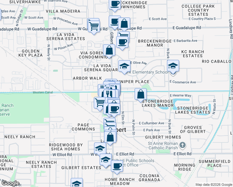 map of restaurants, bars, coffee shops, grocery stores, and more near 16 East Hearne Way in Gilbert