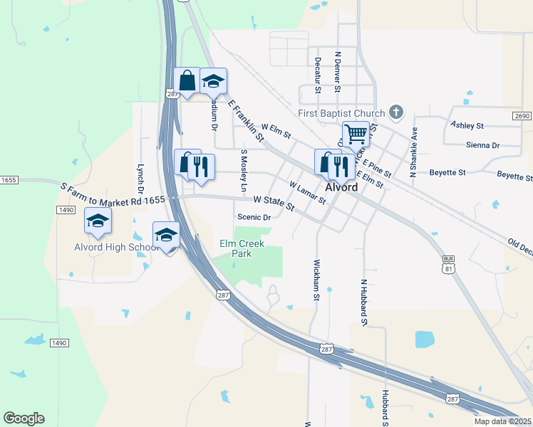 map of restaurants, bars, coffee shops, grocery stores, and more near 308 Scenic Drive in Alvord