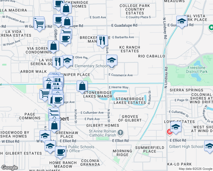 map of restaurants, bars, coffee shops, grocery stores, and more near 402 East Hearne Way in Gilbert
