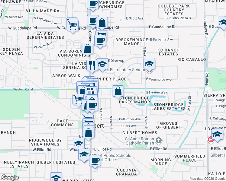 map of restaurants, bars, coffee shops, grocery stores, and more near 342 North Cottonwood Drive in Gilbert