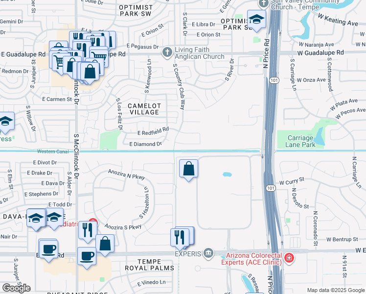 map of restaurants, bars, coffee shops, grocery stores, and more near 2027 East Diamond Drive in Tempe