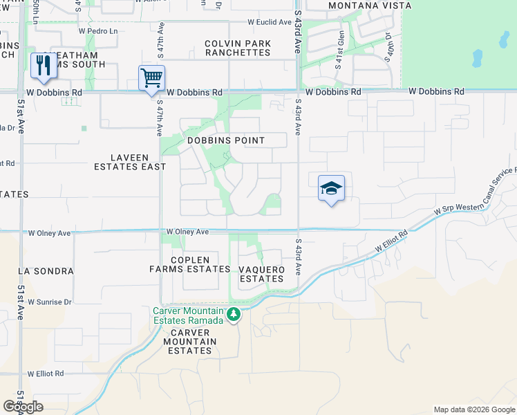 map of restaurants, bars, coffee shops, grocery stores, and more near 9811 South 44th Drive in Phoenix