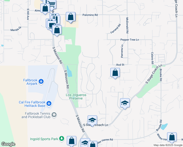 map of restaurants, bars, coffee shops, grocery stores, and more near 1093 Highland Park in Fallbrook