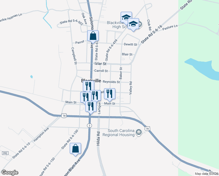 map of restaurants, bars, coffee shops, grocery stores, and more near 347 Hayne Street in Blackville
