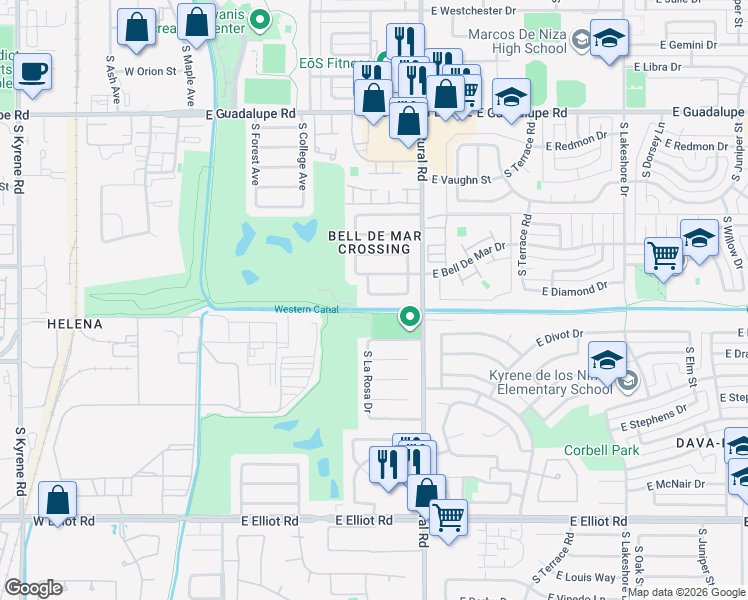 map of restaurants, bars, coffee shops, grocery stores, and more near 705 East Diamond Drive in Tempe
