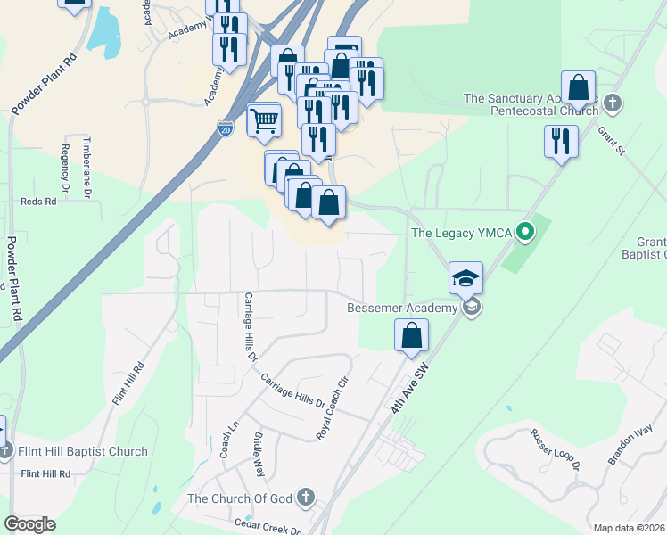 map of restaurants, bars, coffee shops, grocery stores, and more near 30 Laverne Avenue in Bessemer