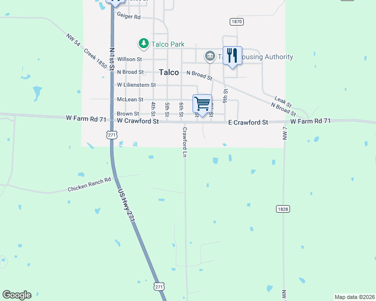 map of restaurants, bars, coffee shops, grocery stores, and more near 53 County Road 1835 in Talco