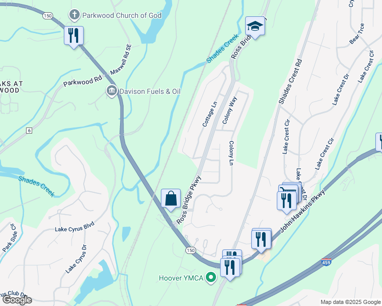 map of restaurants, bars, coffee shops, grocery stores, and more near 5443 Cottage Ln in Hoover