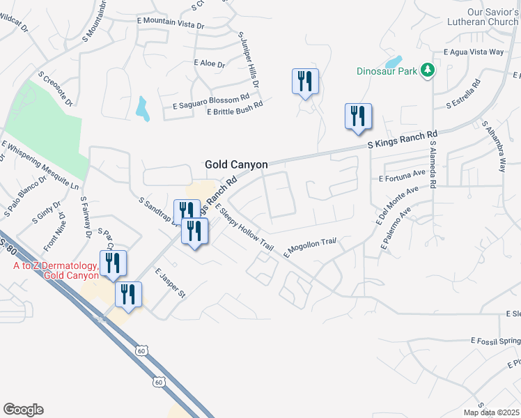 map of restaurants, bars, coffee shops, grocery stores, and more near 8944 East Red Mountain Lane in Gold Canyon