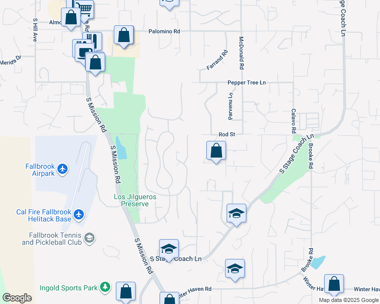 map of restaurants, bars, coffee shops, grocery stores, and more near 668 Braemar Terrace in Fallbrook