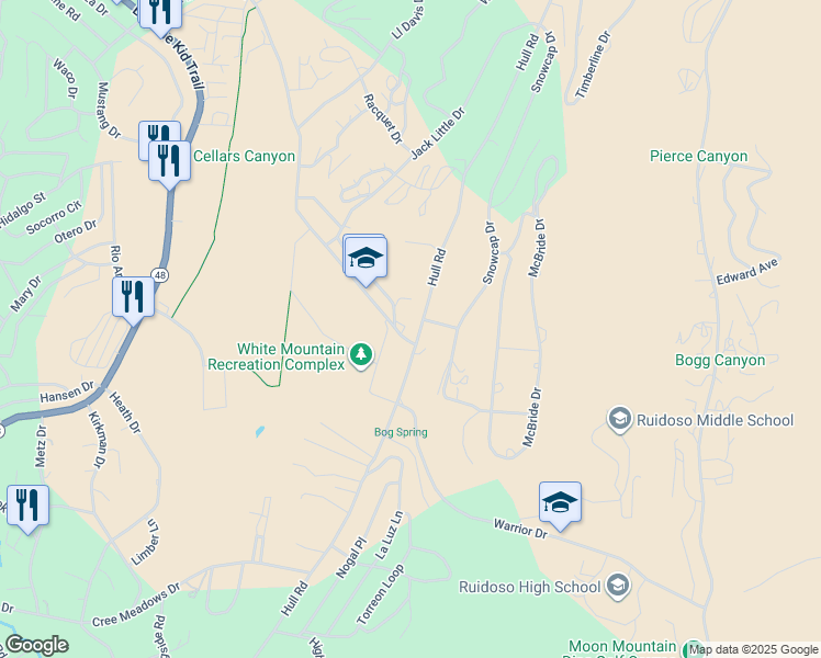 map of restaurants, bars, coffee shops, grocery stores, and more near 100 West White Mountain Drive in Ruidoso
