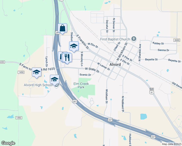 map of restaurants, bars, coffee shops, grocery stores, and more near 308 Scenic Drive in Alvord