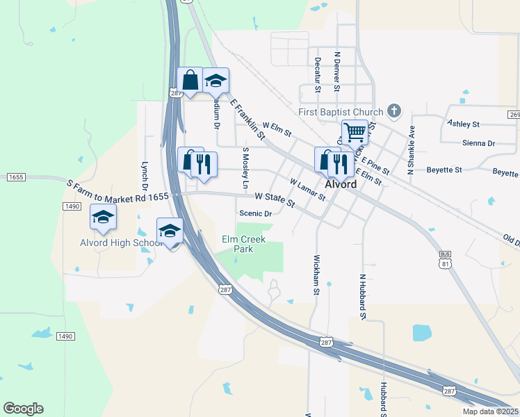 map of restaurants, bars, coffee shops, grocery stores, and more near 308 Scenic Drive in Alvord