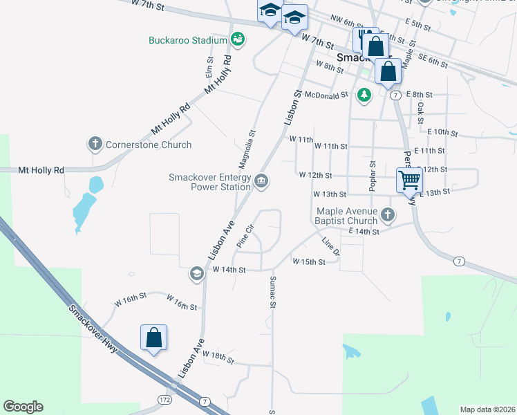 map of restaurants, bars, coffee shops, grocery stores, and more near 1123 Pine Circle in Smackover