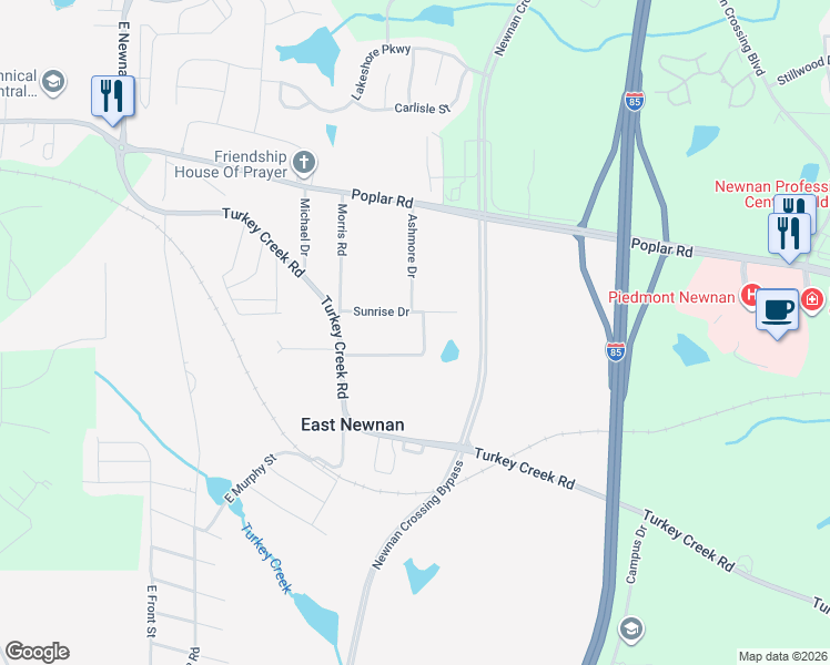 map of restaurants, bars, coffee shops, grocery stores, and more near 120 Morningside Drive in Newnan