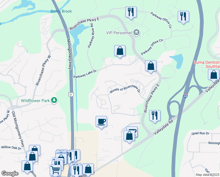 map of restaurants, bars, coffee shops, grocery stores, and more near 1404 Gables Drive in Hoover