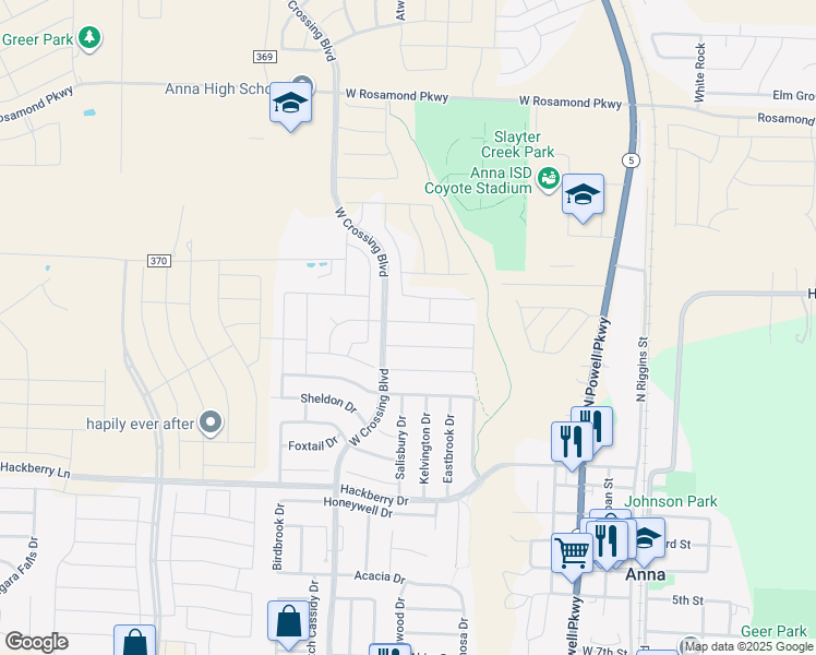 map of restaurants, bars, coffee shops, grocery stores, and more near 902 Lyndhurst Drive in Anna