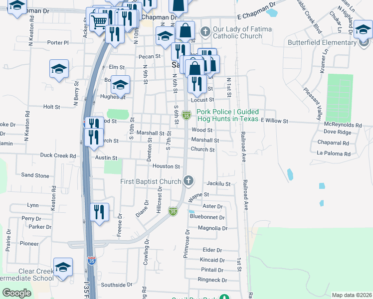 map of restaurants, bars, coffee shops, grocery stores, and more near 508 Interstate 35 Business in Sanger