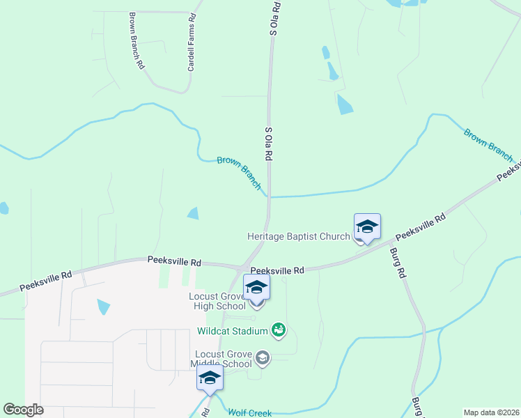 map of restaurants, bars, coffee shops, grocery stores, and more near 3034 S Ola Rd in Locust Grove