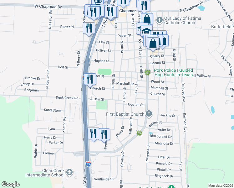 map of restaurants, bars, coffee shops, grocery stores, and more near 599 Walnut Street in Sanger
