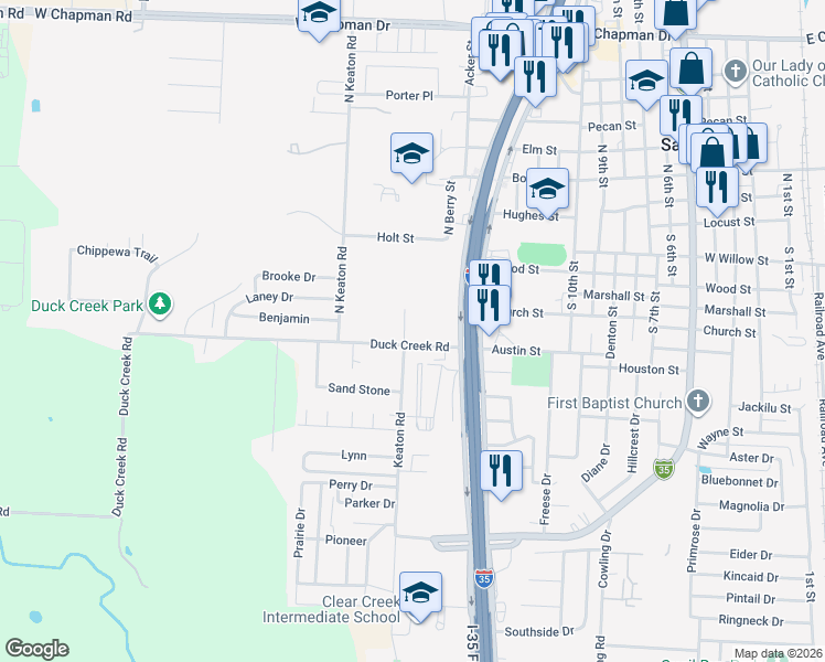 map of restaurants, bars, coffee shops, grocery stores, and more near 1609 Austin Street in Sanger