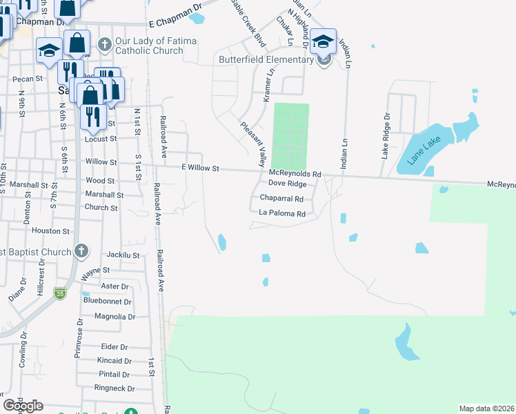 map of restaurants, bars, coffee shops, grocery stores, and more near 702 La Paloma Road in Sanger